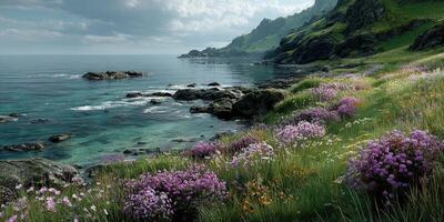Vibrant coastal landscape with blooming wildflowers and serene waters during a cloudy day photo