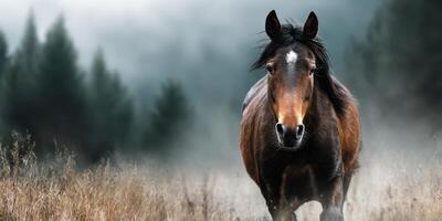 Majestic horse standing in misty meadow at dawn with a serene backdrop of pine trees photo