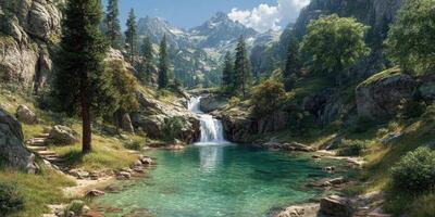 Scenic mountain landscape with a serene waterfall and turquoise pool surrounded by lush greenery photo