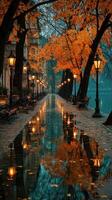 Serene autumn evening by the tranquil lake surrounded by glowing streetlamps and colorful foliage photo