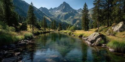 Majestic mountain landscape with a clear river reflecting the rugged peaks and vibrant greenery under bright blue sky photo