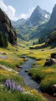 Breathtaking valley landscape with vibrant wildflowers and a serene stream during a sunny day photo