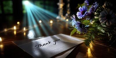 Thank you card with flowers and soft light illuminating a wooden table in a cozy setting photo
