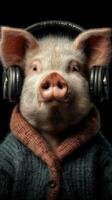 Pig wearing headphones enjoys music in a cozy sweater in a playful and creative setting photo