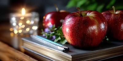 Fresh red apples placed on a decorative notebook with a lit candle in a cozy indoor setting photo