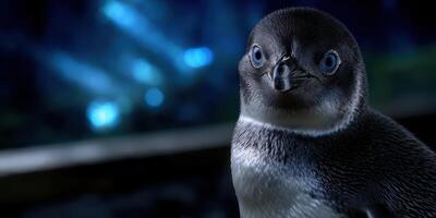 Penguin with striking blue eyes observed in a cool, dimly lit aquatic environment photo
