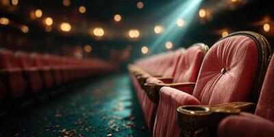Vintage theater seats create an inviting atmosphere in a historic venue during a captivating performance at night photo