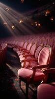Elegant empty theater chairs bathed in soft light before the evening performance starts photo