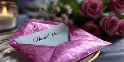 Thank you card placed elegantly next to pink roses and a candle on a table photo