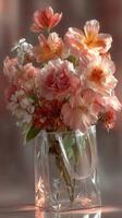Beautiful bouquet of fresh flowers in a clear bag illuminated by soft light photo