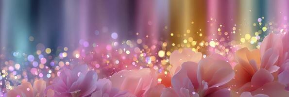 Colorful flowers with shimmering lights create a magical background effect in a vibrant setting photo
