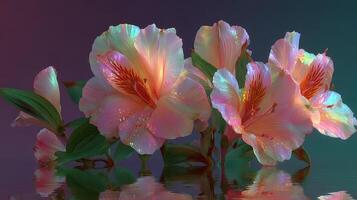 Beautiful hibiscus flowers with iridescent petals in a serene setting during twilight photo