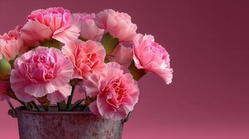 Pink carnations arranged in a rustic metal bucket against a soft pink background photo