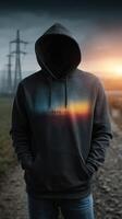 Hooded figure stands in a field during sunset with power lines in the background creating a moody atmosphere photo