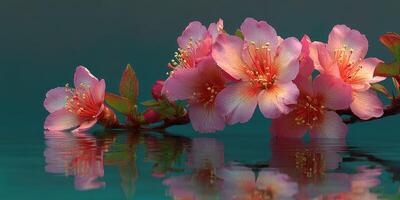 Delicate pink flowers reflected in serene water showcasing spring's beauty in a tranquil setting photo
