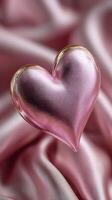 Heart-shaped glass ornament resting on soft pink satin fabric creating a romantic and elegant display photo