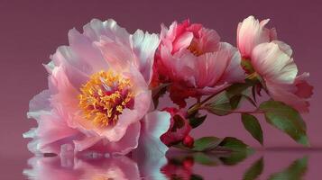 Beautiful peonies in soft hues reflecting in tranquil water with a gradient background photo