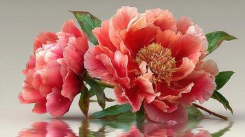 Beautiful pink peonies with reflections captured in soft light setting the mood for spring bloom photo