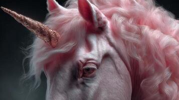 Majestic pink unicorn with a shimmering horn and fluffy mane in a mystical setting during twilight photo