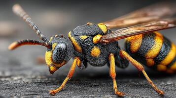 Close-up view of a vibrant yellow and black wasp on textured surface in natural light during daytime photo