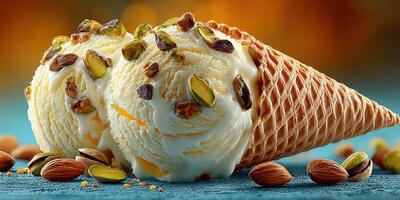 Indulgent pistachio ice cream served in a crispy cone with nuts on a vibrant blue background photo