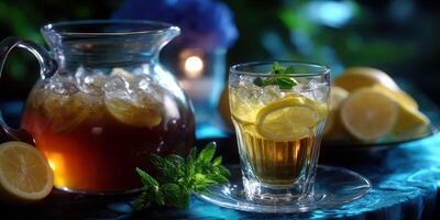 Refreshing iced tea served with lemon slices and mint on a vibrant table in summer evening lighting photo