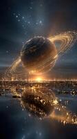 Majestic golden ringed planet reflected on serene water surface at twilight in a futuristic landscape photo