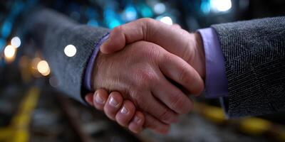 Business professionals engaging in a handshake in an industrial setting during the evening photo