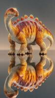 Colorful dinosaur standing in a reflective landscape during twilight photo