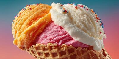 Colorful ice cream cone with two flavors set against a vibrant background at sunset photo