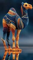 Colorful artistic camel sculpture stands out against dark backdrop in a modern art display photo