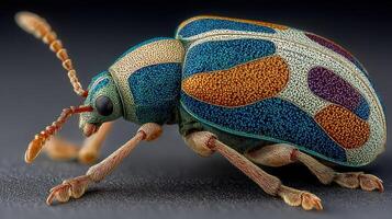 Colorful beetle with intricate patterns captured in close-up, showcasing its vibrant textures and details photo