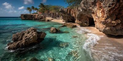 Serene tropical coastline with clear waters and rocky outcrops under a bright blue sky photo