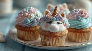 Delightful unicorn cupcakes topped with colorful frosting and decorations create a whimsical dessert display photo