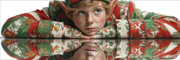 Young elf resting on a reflective surface wearing colorful festive attire in a quiet holiday setting photo