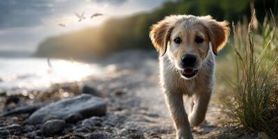 Golden retriever puppy runs along a lakeshore at sunset with trees and birds in the background photo