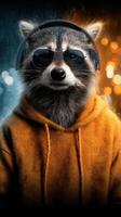 Raccoon wearing sunglasses and headphones, showcasing a cool urban style in a vibrant setting photo