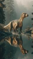 Dinosaur stands majestically by the tranquil river in a misty prehistoric landscape photo