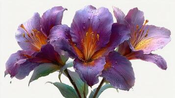 Purple flowers with droplets captured in a close-up display showcasing their natural beauty and vibrant colors photo