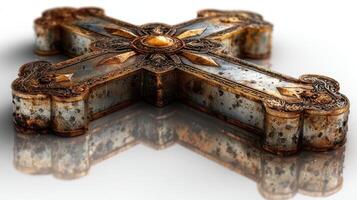 Intricate metallic cross with vintage design reflecting on a shiny surface photo