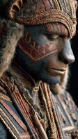 Stunning portrait of a tribal warrior adorned in intricate traditional attire in a dramatic close-up setting photo