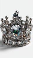 Sparkling crown adorned with large gemstones and intricate designs showcased on a light background photo