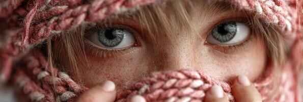 Captivating gaze of a young person wrapped in a knitted scarf during a chilly season in a cozy indoor setting photo