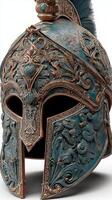Intricate warrior helmet showcases ancient craftsmanship and detailed artistry in a modern design photo