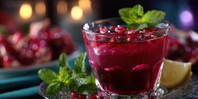 Refreshing pomegranate drink with mint and lemon served in a glass on silver plate during an evening gathering photo
