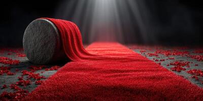 Elegant red carpet unrolled with scattered petals in a dramatic light setting, perfect for a grand entrance photo