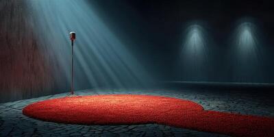 Spotlight on a single microphone on red carpet in an intimate performance space with dim lights and textured walls photo