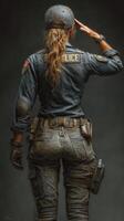 Police officer saluting in uniform, showcasing dedication in a studio setting with dramatic lighting photo