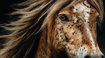 Close-up of a beautiful horse with flowing mane under soft lighting capturing the grace of equine beauty in a serene environment photo