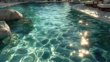 Serene swimming pool with glimmering water reflections on a sunny day in a luxurious resort setting photo